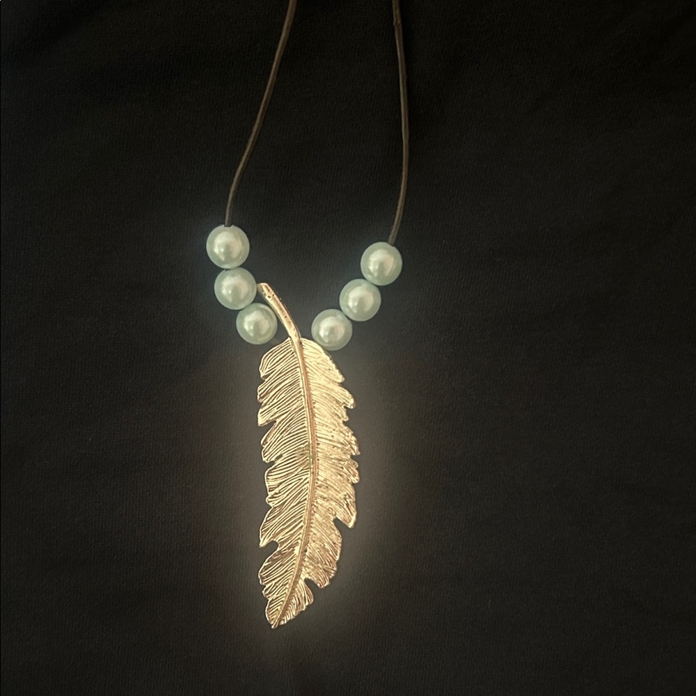 4 For $10- Handcrafted Gold Feather Pendant Necklace with Blue Accents Western